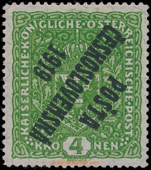 1919 Pof.50b PP, Znak 4K světle zelená na ŽILKOVANÉM PAPÍRU S PŘEVRÁCENÝM PŘETISKEM (!), široký formát, krásně centrovan