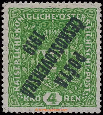 1919 Pof.50b PP, Znak 4K světle zelená na ŽILKOVANÉM PAPÍRU S PŘEVRÁCENÝM PŘETISKEM (!), široký formát, krásně centrovan