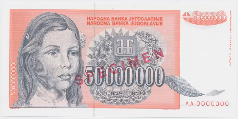 Jugoslávie, 50.000.000 Dinara 1993, anulát AA 0000000, razítko SPECIMEN, P.123