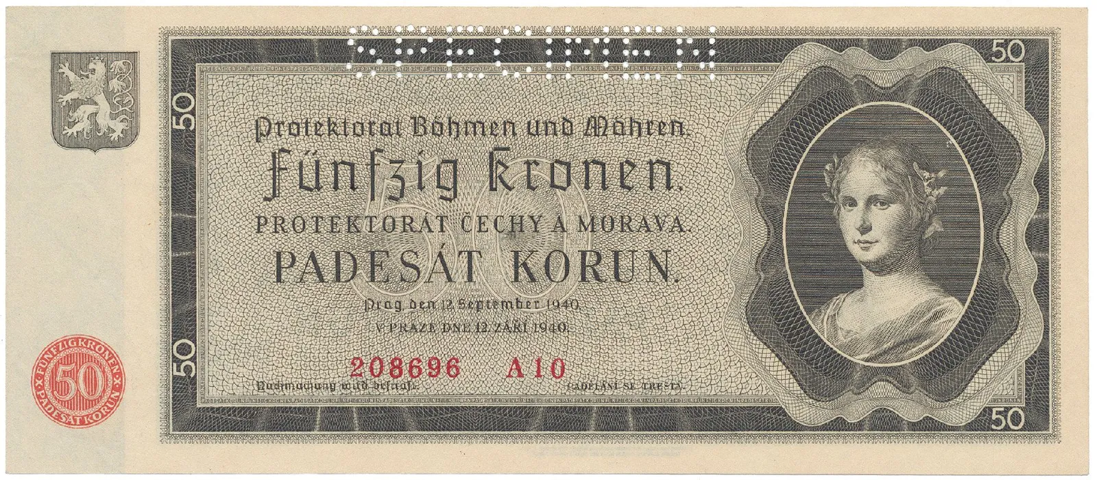 Protektorát Čechy a Morava, 50 Koruna 1940, perf. 1x SPECIMEN, Hej.34a.S1