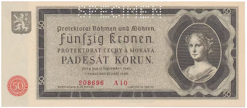 Protektorát Čechy a Morava, 50 Koruna 1940, perf. 1x SPECIMEN, Hej.34a.S1