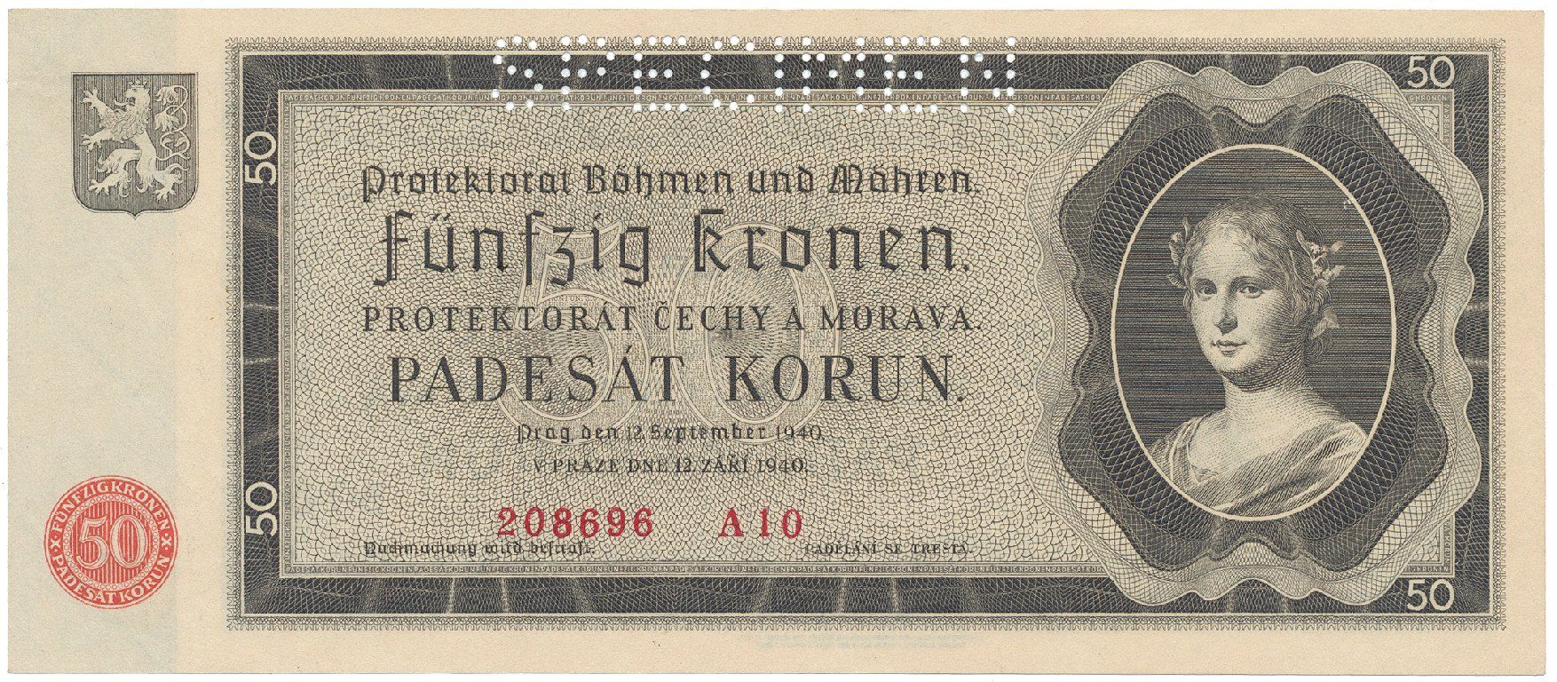 Protektorát Čechy a Morava, 50 Koruna 1940, perf. 1x SPECIMEN, Hej.34a.S1