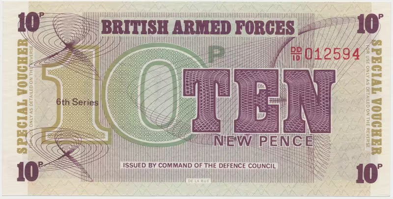 Velká Británie, 10 New Pence (1972), BAF - vojenské vydání, tisk TDLR, P.M45a