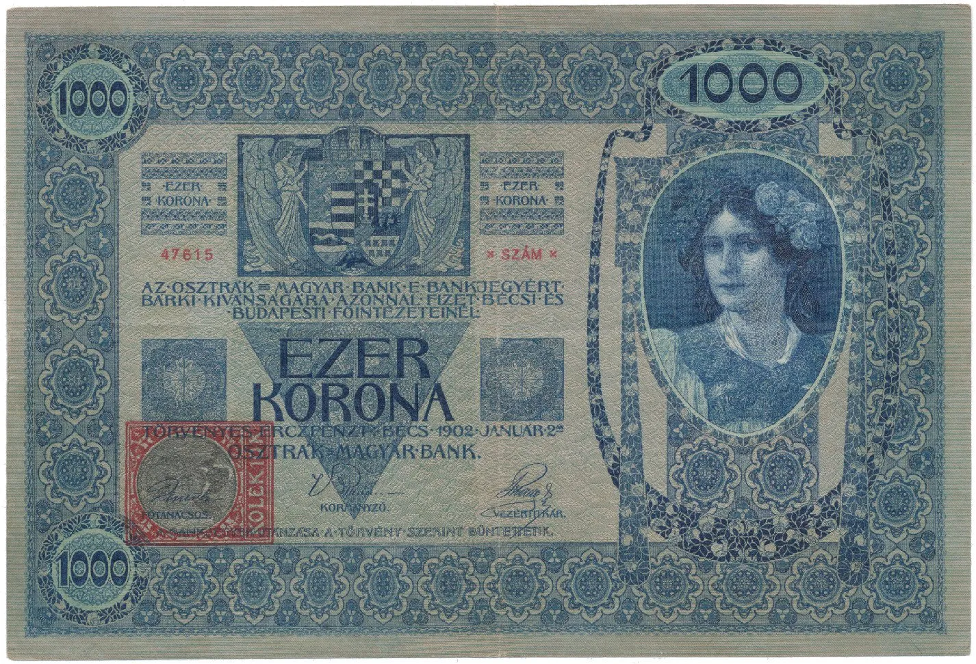 Československo, 1000 Koruna 1902 + kolek 1919, Hej.6