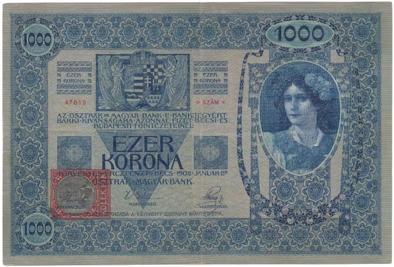 Československo, 1000 Koruna 1902 + kolek 1919, Hej.6