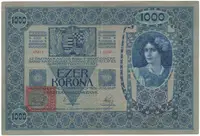 Československo, 1000 Koruna 1902 + kolek 1919, Hej.6