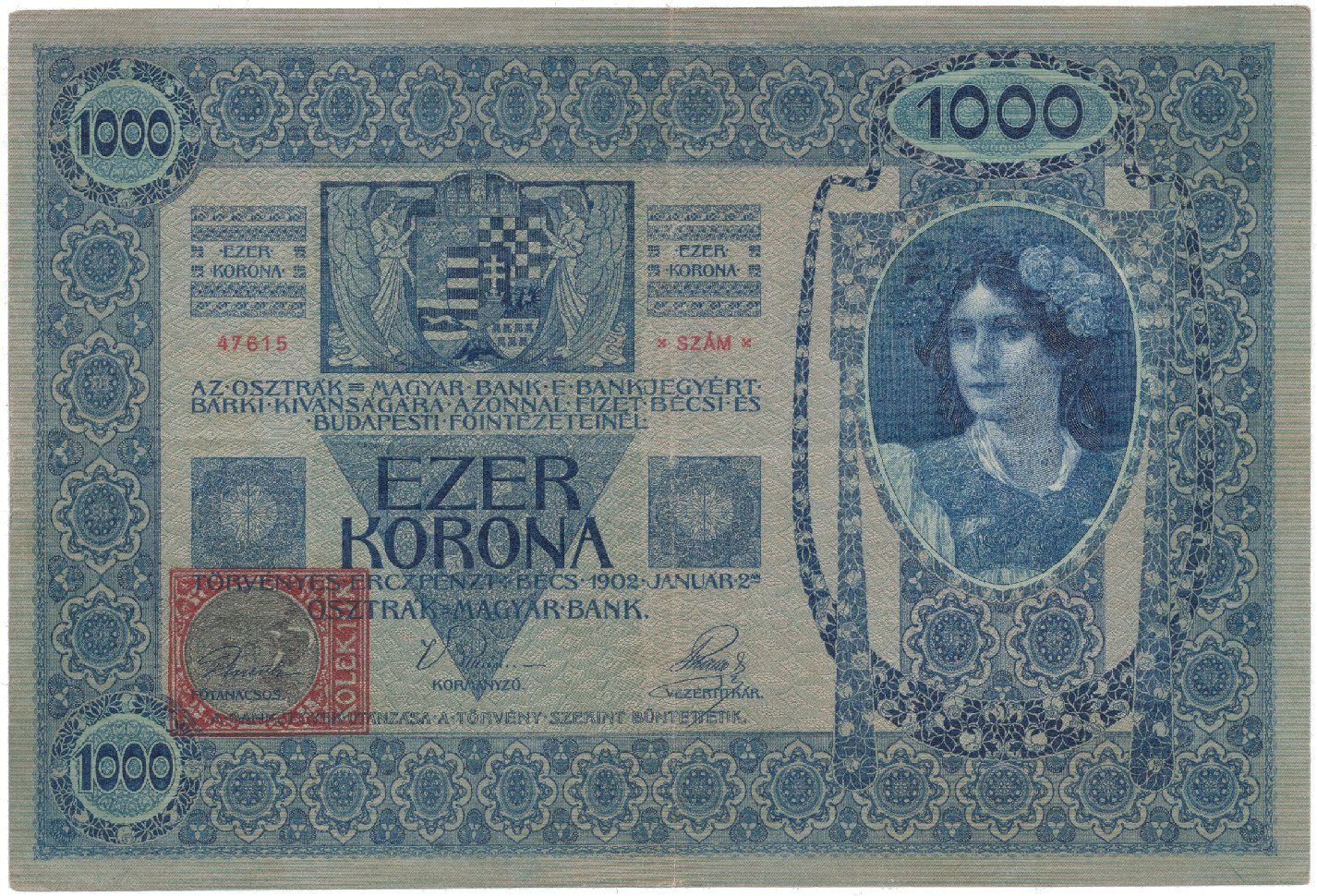 Československo, 1000 Koruna 1902 + kolek 1919, Hej.6