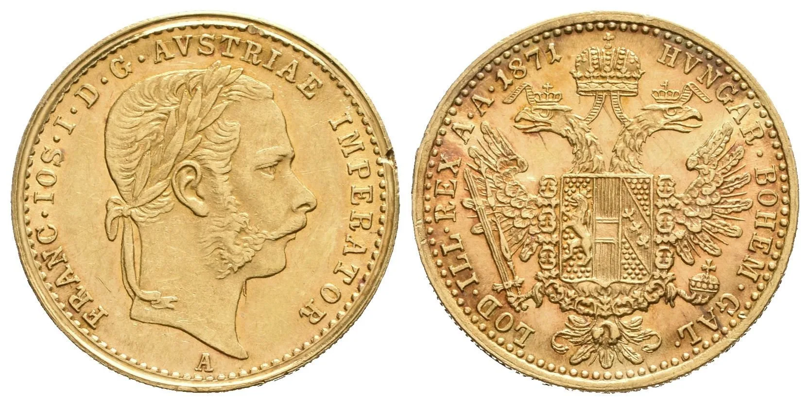 Dukát 1871 A, velmi pěkná zachovalost, lesk v ploše, patina, — 1