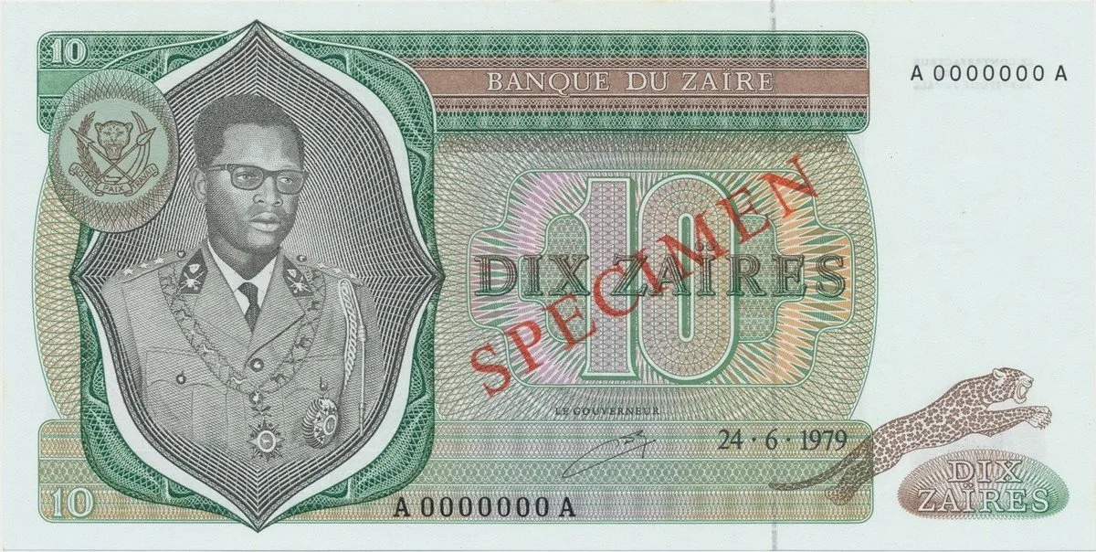 Zaire, 10 Zaires 1979, anulát - SPECIMEN, P.24s