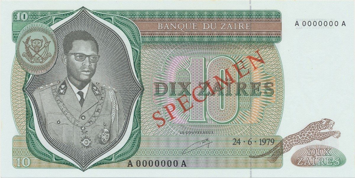 Zaire, 10 Zaires 1979, anulát - SPECIMEN, P.24s