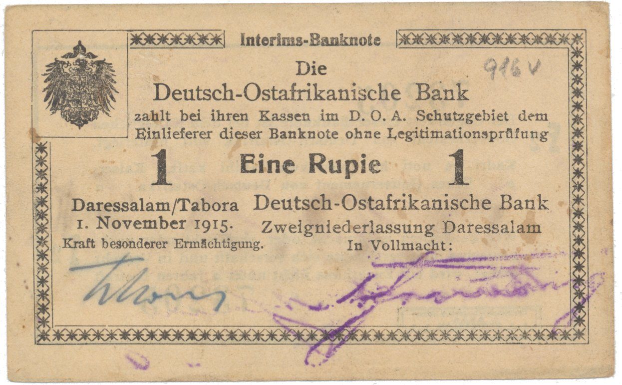 Německá Východní Afrika, 1 Rupie 1. 11. 1915, série F2, vzácnější podpis, R.916v