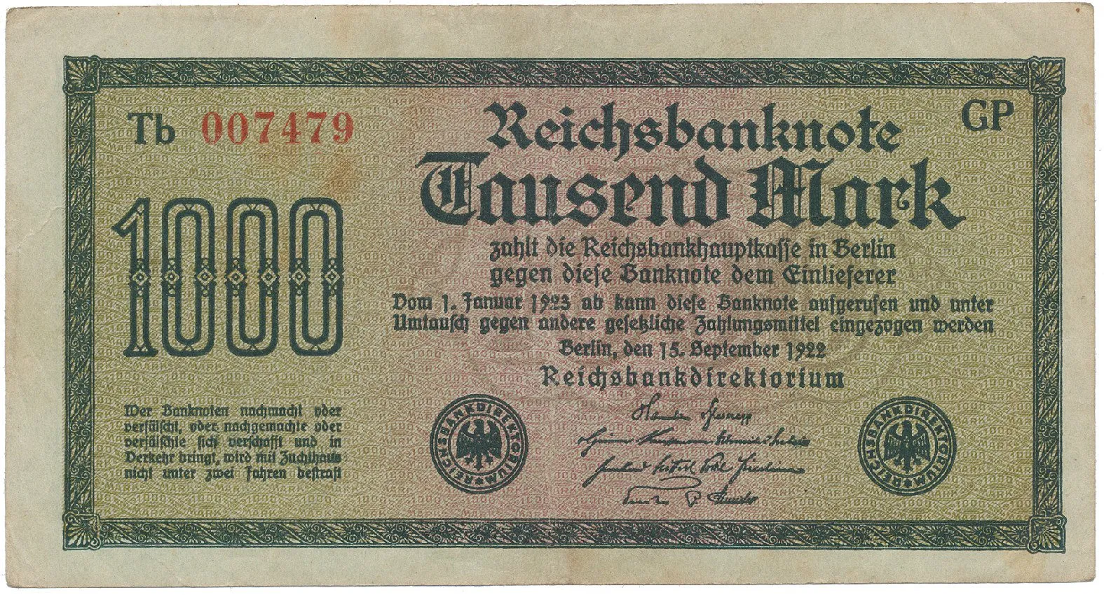 Německo, 1000 Mark 1922, vod. Wellen, 6-místné číslo, Ro.75q