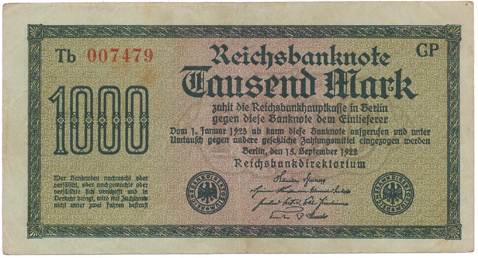 Německo, 1000 Mark 1922, vod. Wellen, 6-místné číslo, Ro.75q