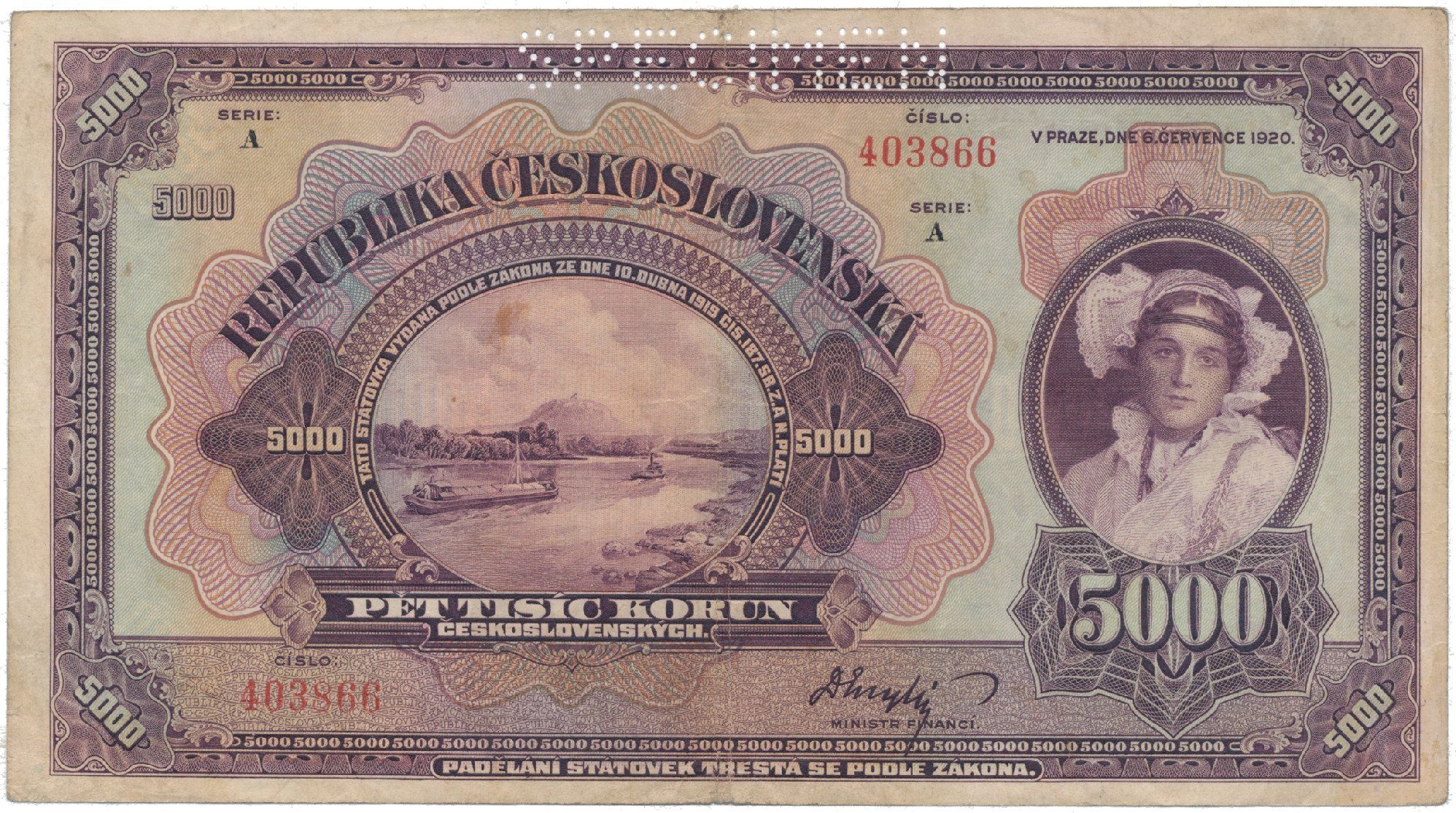 5000 Koruna 1920, série A, SPECIMEN, Hej.17a.S1
