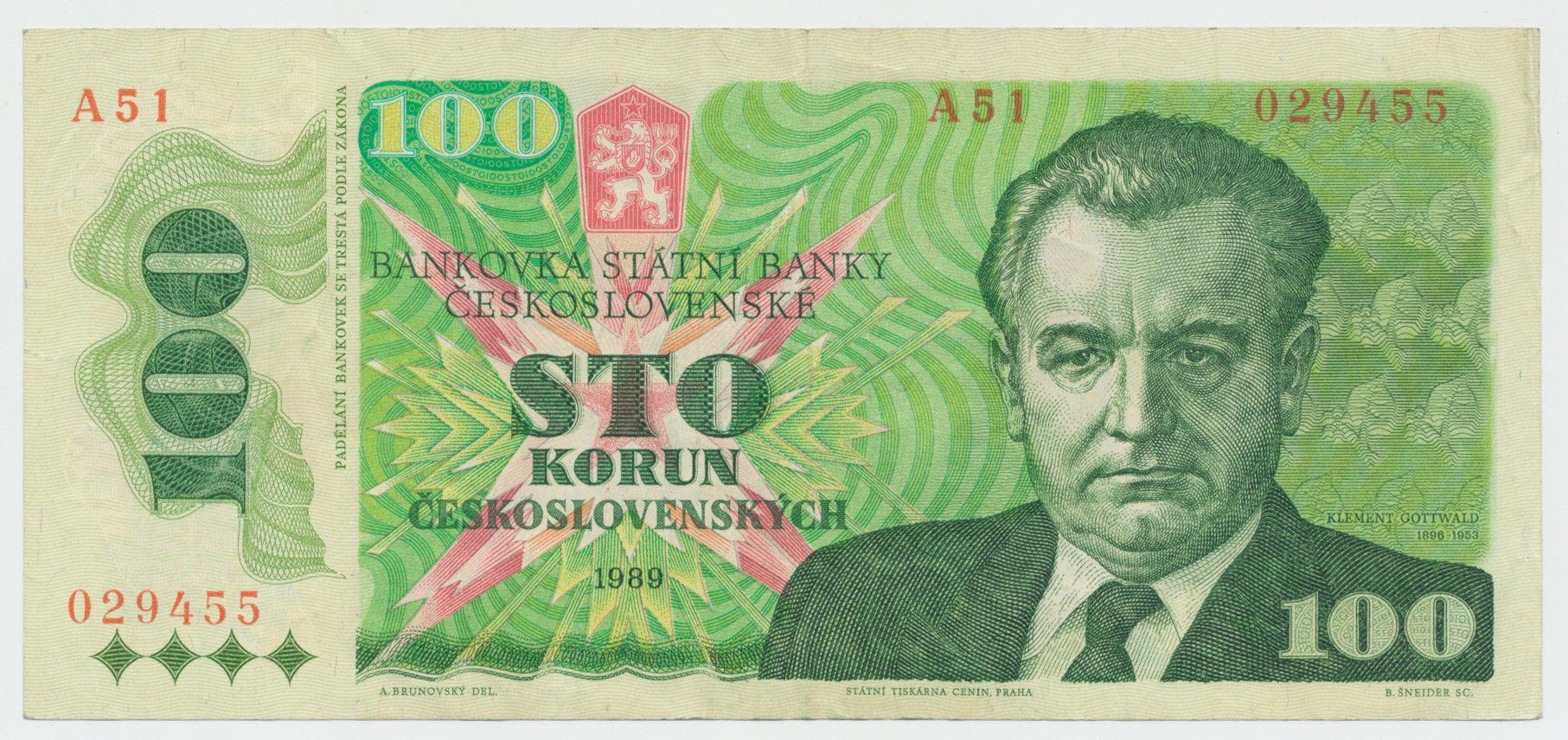 Československo, 100 Koruna 1989, vysoká série A 51,  Hej.110a