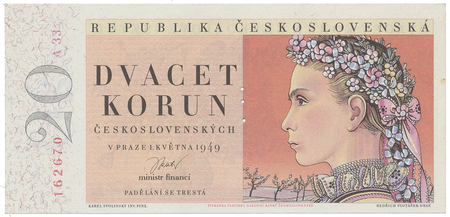 Československo, 20 Koruna 1949, I. vydání, perforace 3 md svisle, Hej.84a.S1