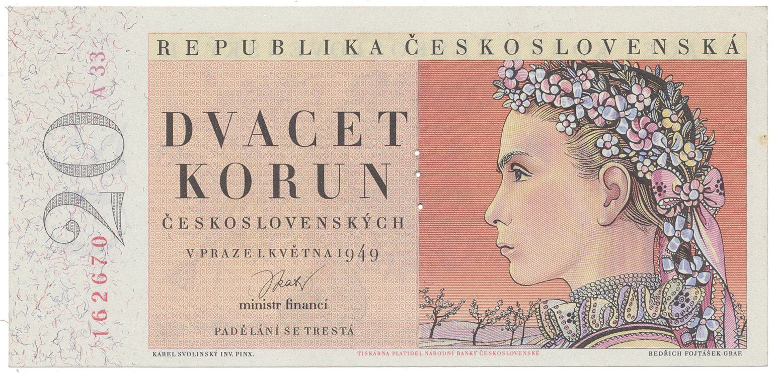 Československo, 20 Koruna 1949, I. vydání, perforace 3 md svisle, Hej.84a.S1