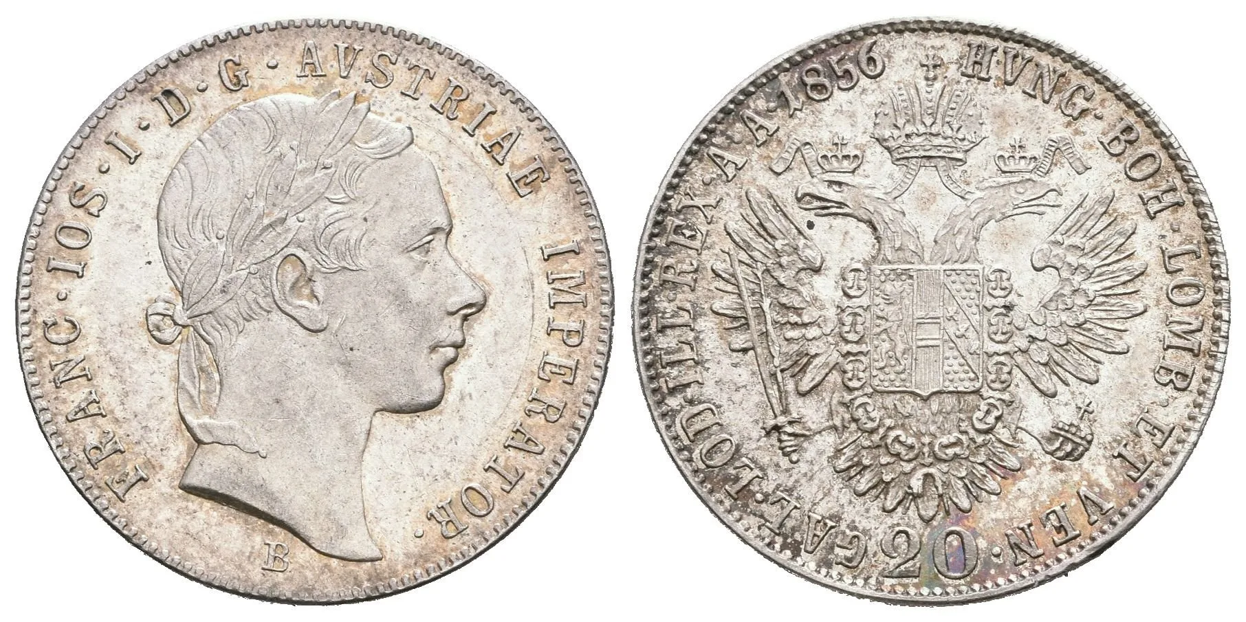 20 Krejcar 1856 B, luxusní zachovalost, ražební lesk, patina — 1
