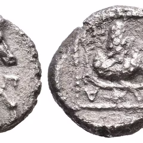 Drachma, 480 - 450 př. Kr., Přední část koně zprava, monogramy / Vinná réva ve čtverci,