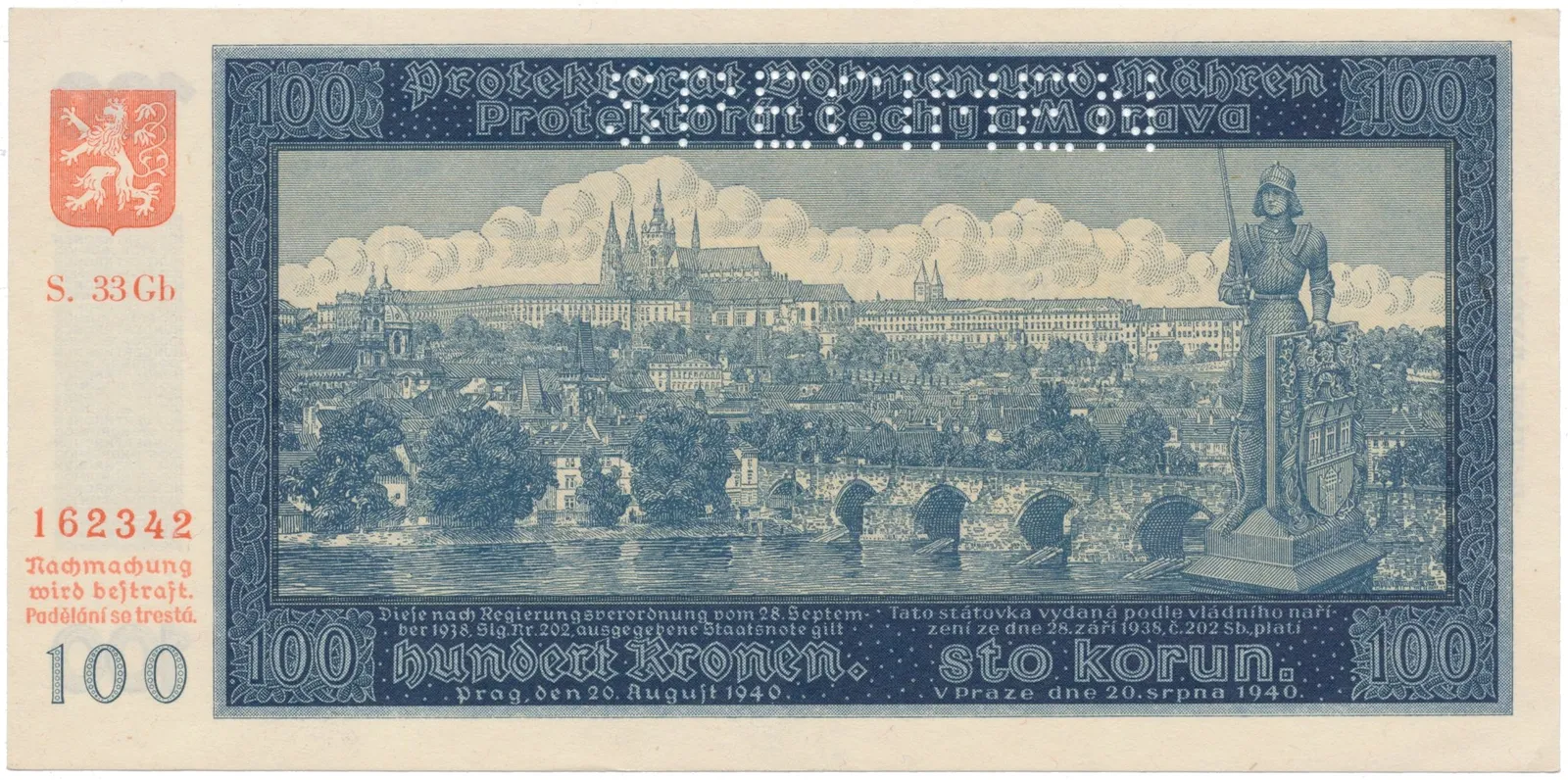 100 Koruna 1940, II. vydání, série Gb, SPECIMEN, Hej.33b2.S1