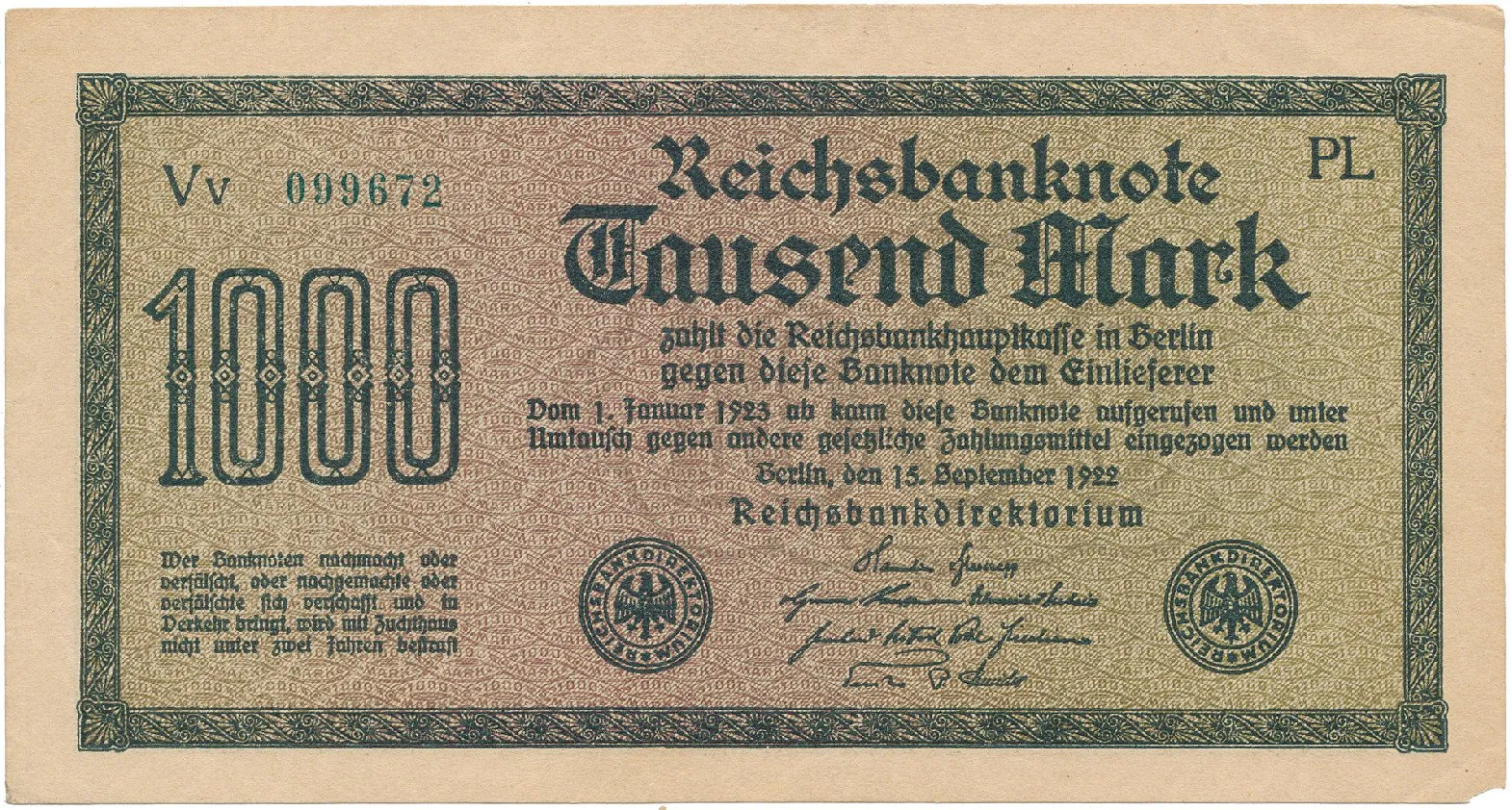 Německo, 1000 Mark 1922, vod. Gitter, zelené 6-místné číslo, Ro.75m