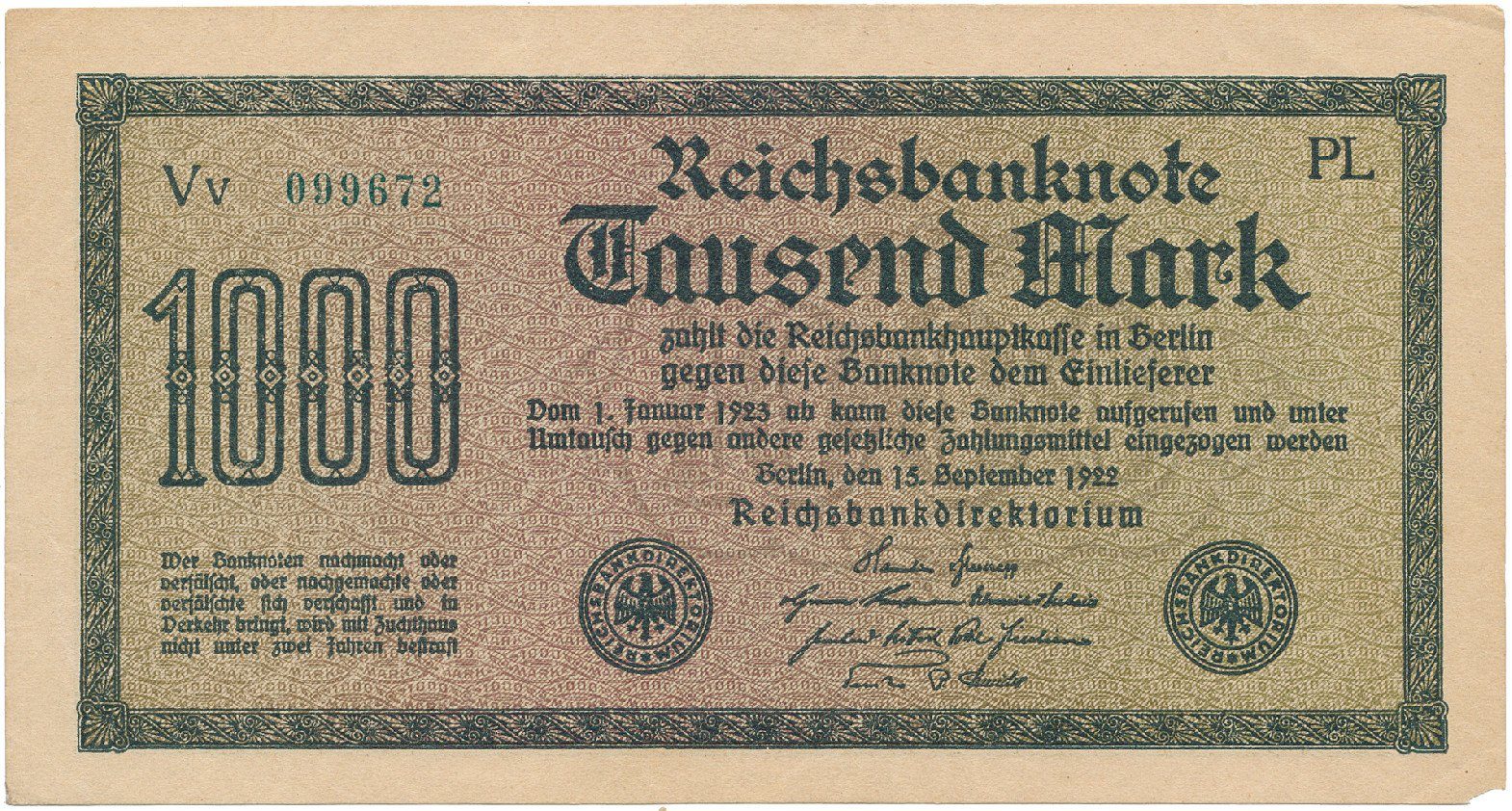 Německo, 1000 Mark 1922, vod. Gitter, zelené 6-místné číslo, Ro.75m