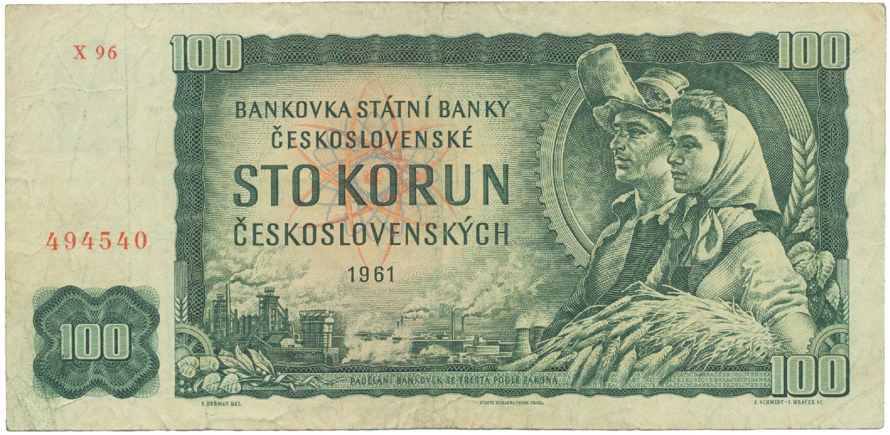 Československo, 100 Koruna 1961, II. vydání, poslední série X 96, číslovač Grafotechna, Hej.102aG