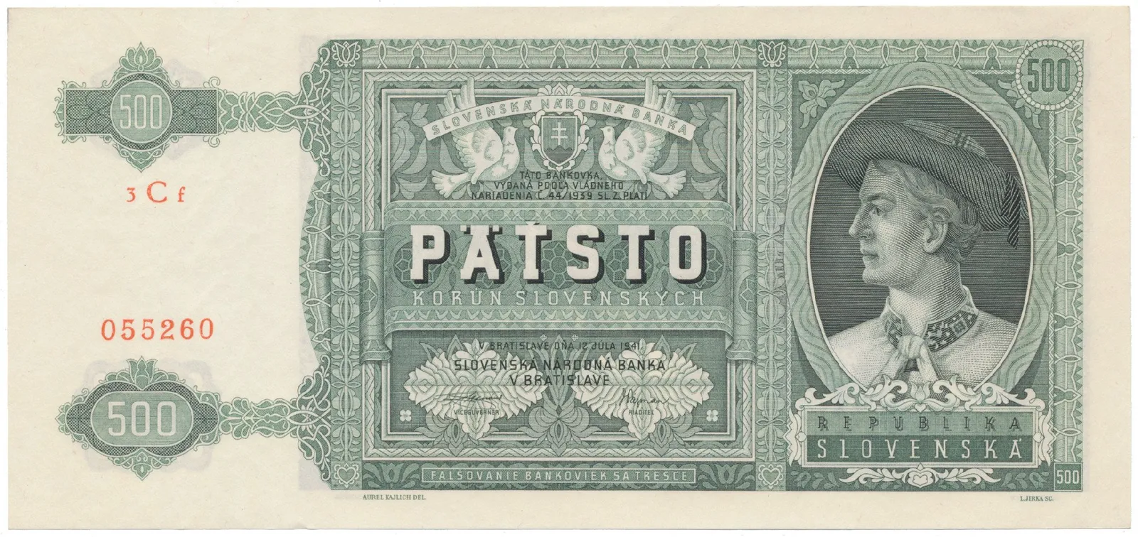 Slovensko, 500 Koruna 1941, série 3Cf, Hej.52a, neperforovaná