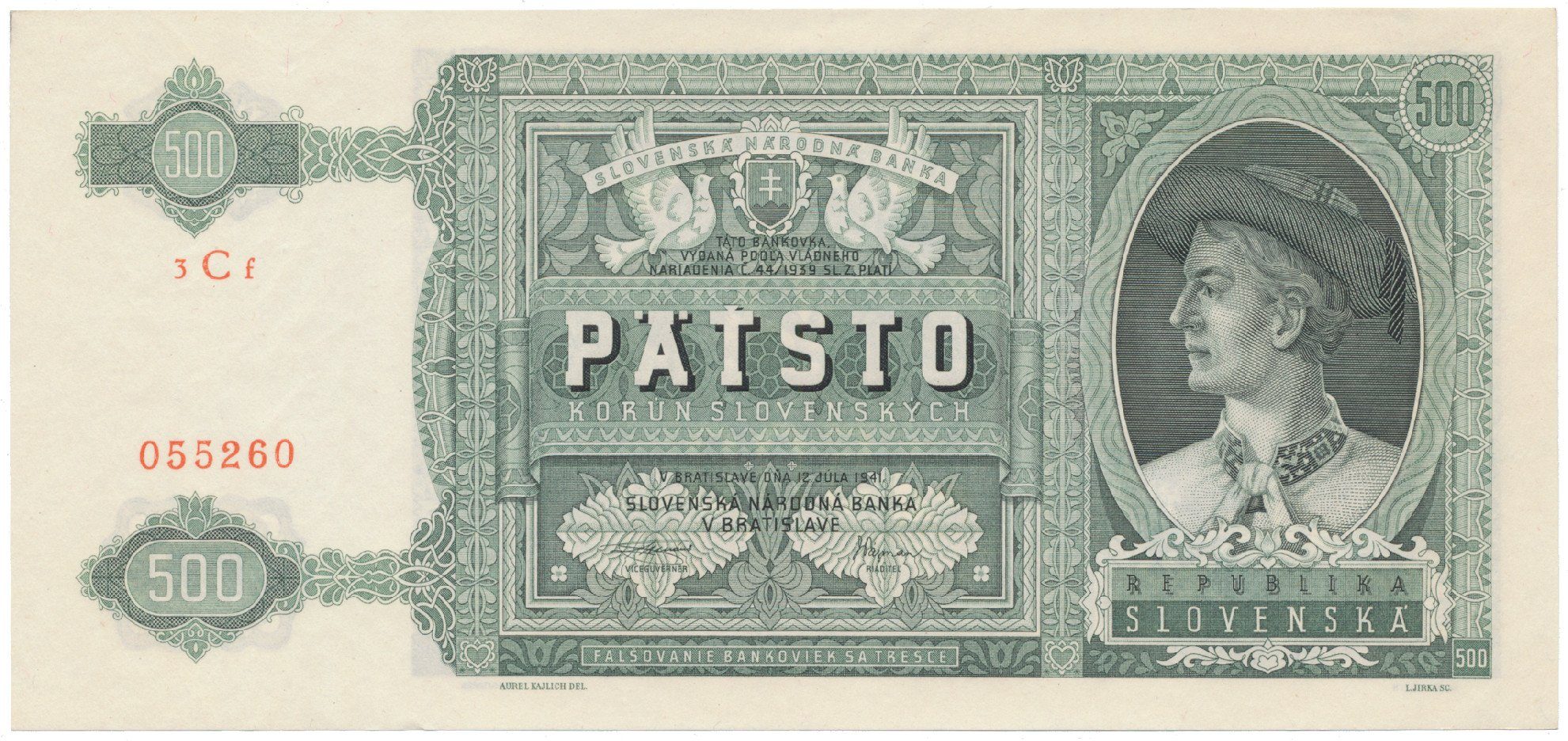 Slovensko, 500 Koruna 1941, série 3Cf, Hej.52a, neperforovaná