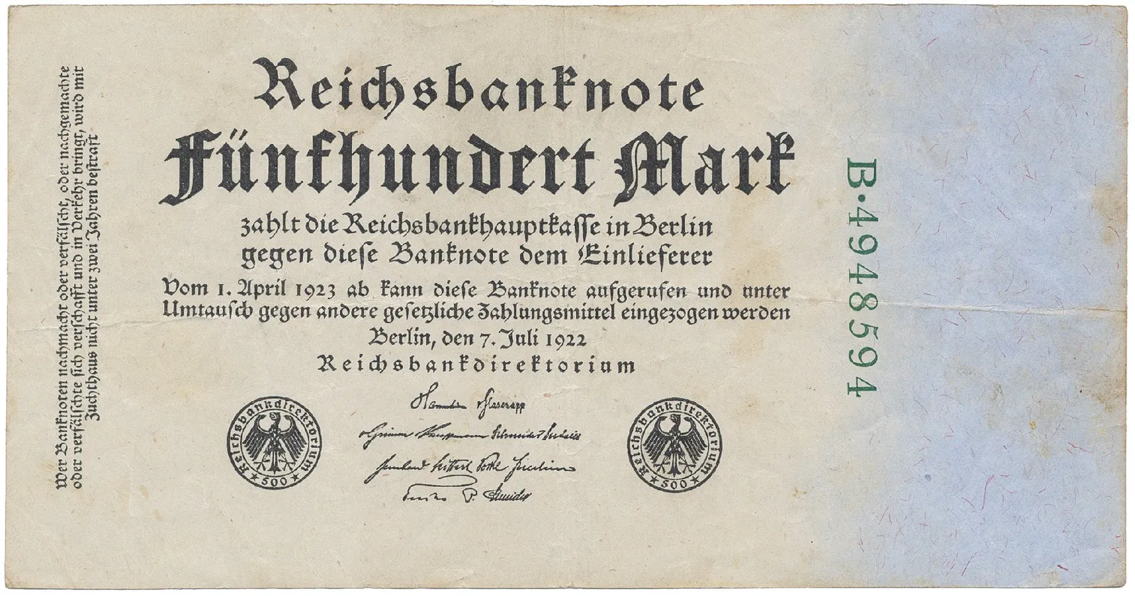 Německo, 500 Mark 1922, zelený 7-místný číslovač, Ro.71b