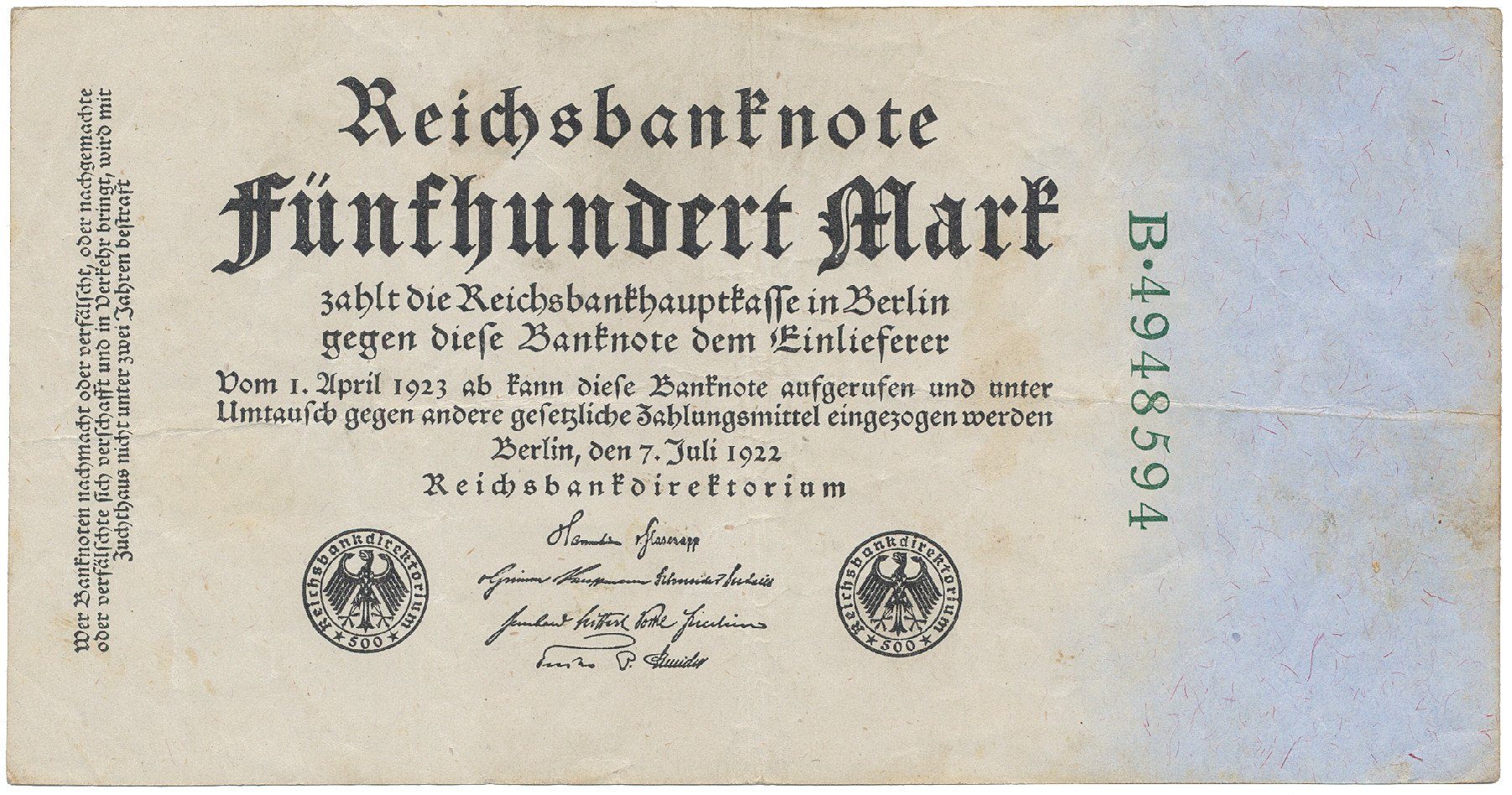 Německo, 500 Mark 1922, zelený 7-místný číslovač, Ro.71b