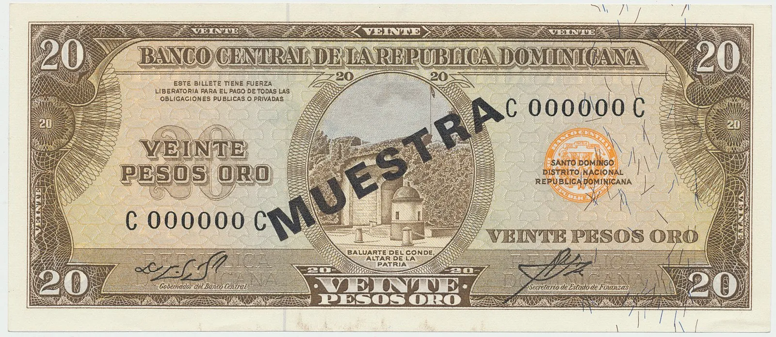 Dominikánská republika, 20 Pesos Oro (1964~1974), bank. vzor, C000000C, přetisk 1x MUESTRA, P.102s1