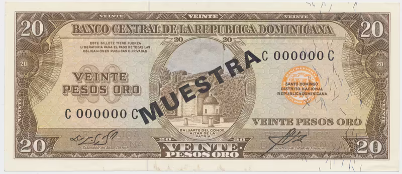 Dominikánská republika, 20 Pesos Oro (1964~1974), bank. vzor, C000000C, přetisk 1x MUESTRA, P.102s1