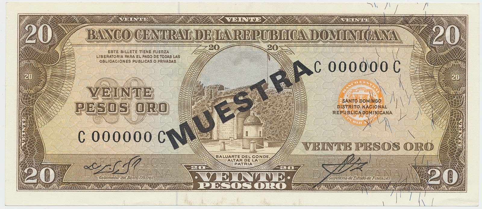 Dominikánská republika, 20 Pesos Oro (1964~1974), bank. vzor, C000000C, přetisk 1x MUESTRA, P.102s1