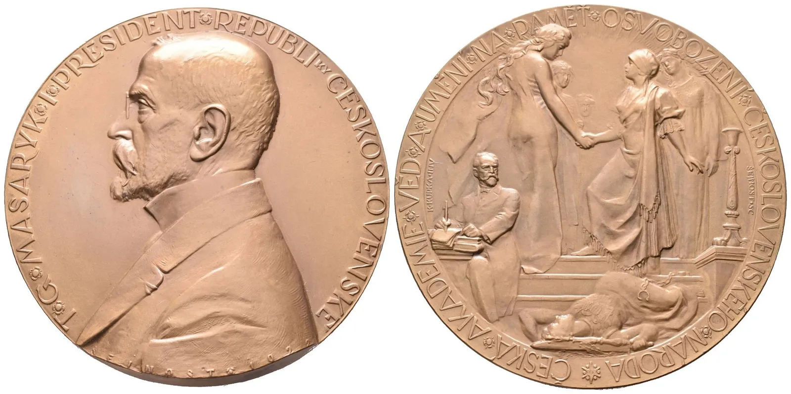 AE Medaile 1922 - T. G. Masaryk, prezident ČSR, vydala ČSAV. Poprsí zleva, opis / Dvě — 1