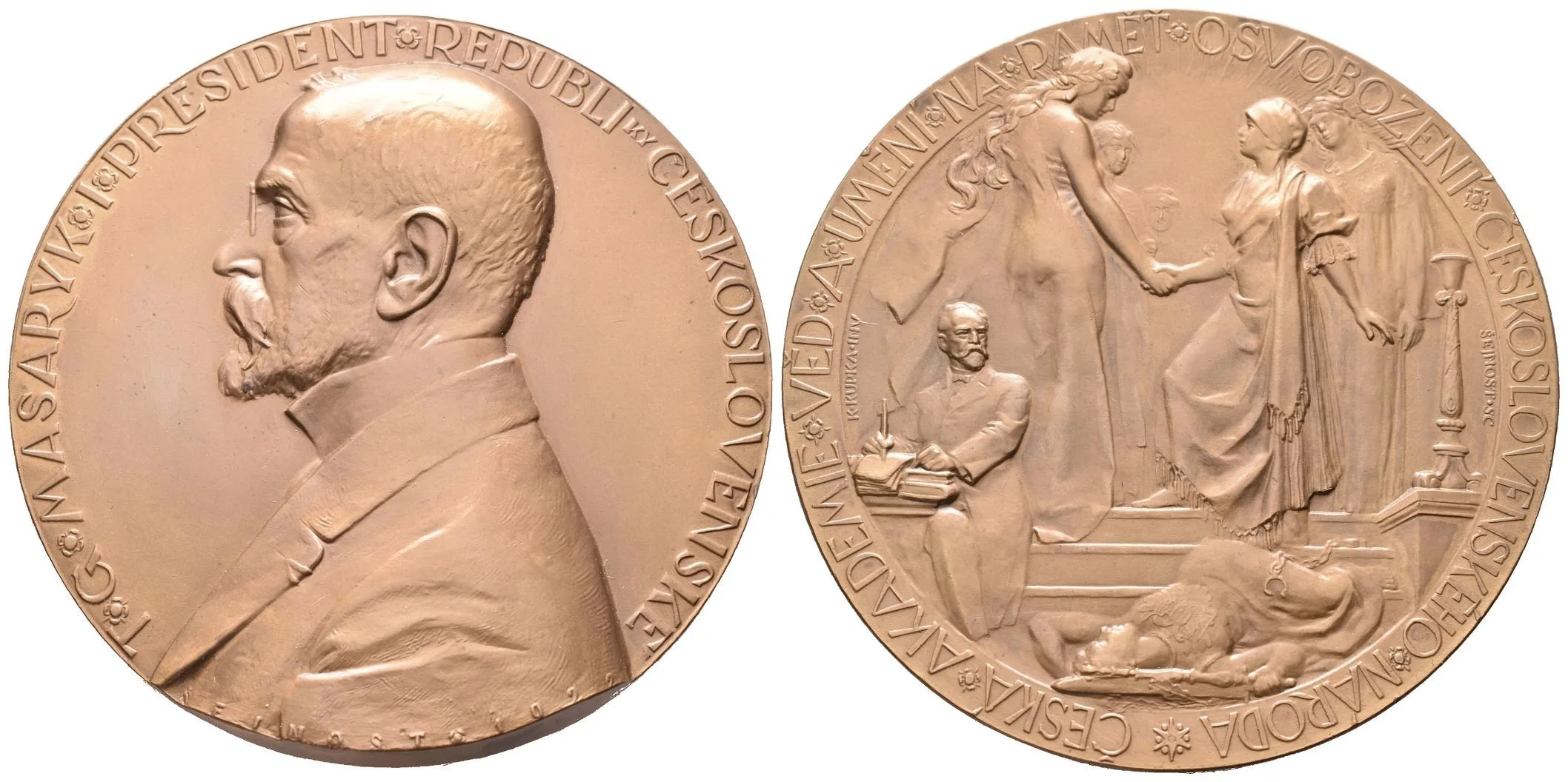 AE Medaile 1922 - T. G. Masaryk, prezident ČSR, vydala ČSAV. Poprsí zleva, opis / Dvě — 1