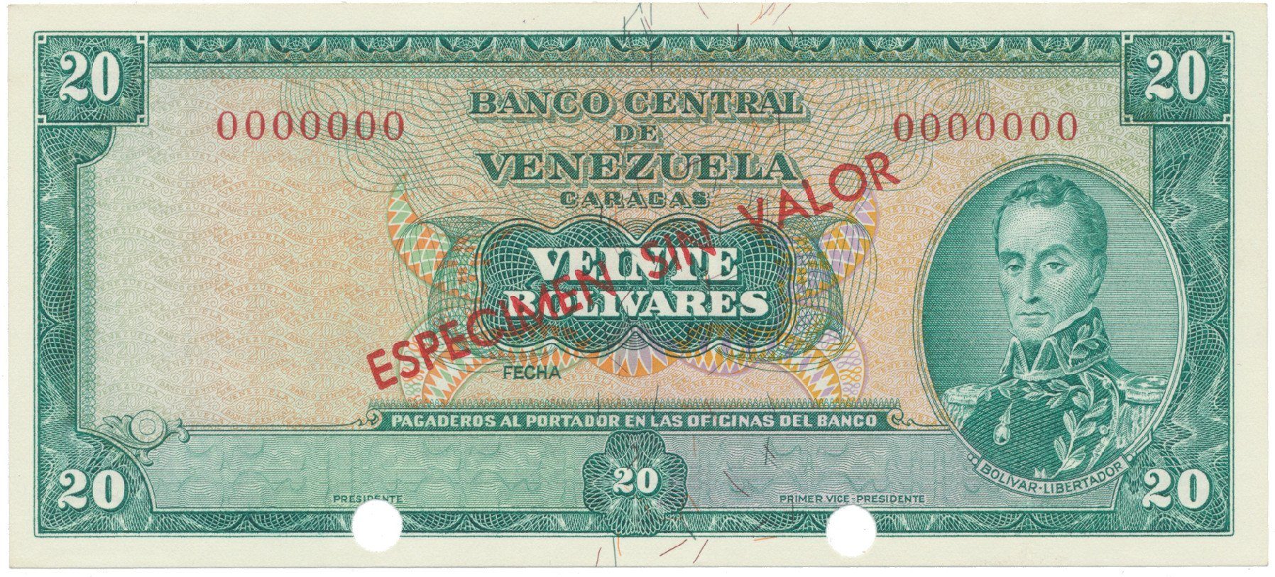 Venezuela, 20 Bolivares 1967, anulát - ESPECIMEN SIN VALOR, P.46s
