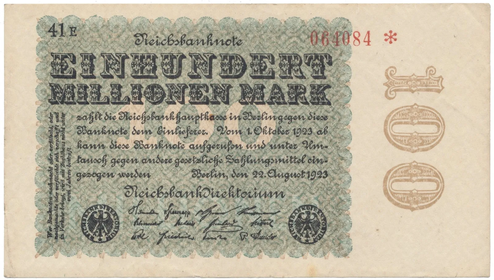 Německo, 100 Millionen Mark 1923, Kreuzblütten, Ro.106h