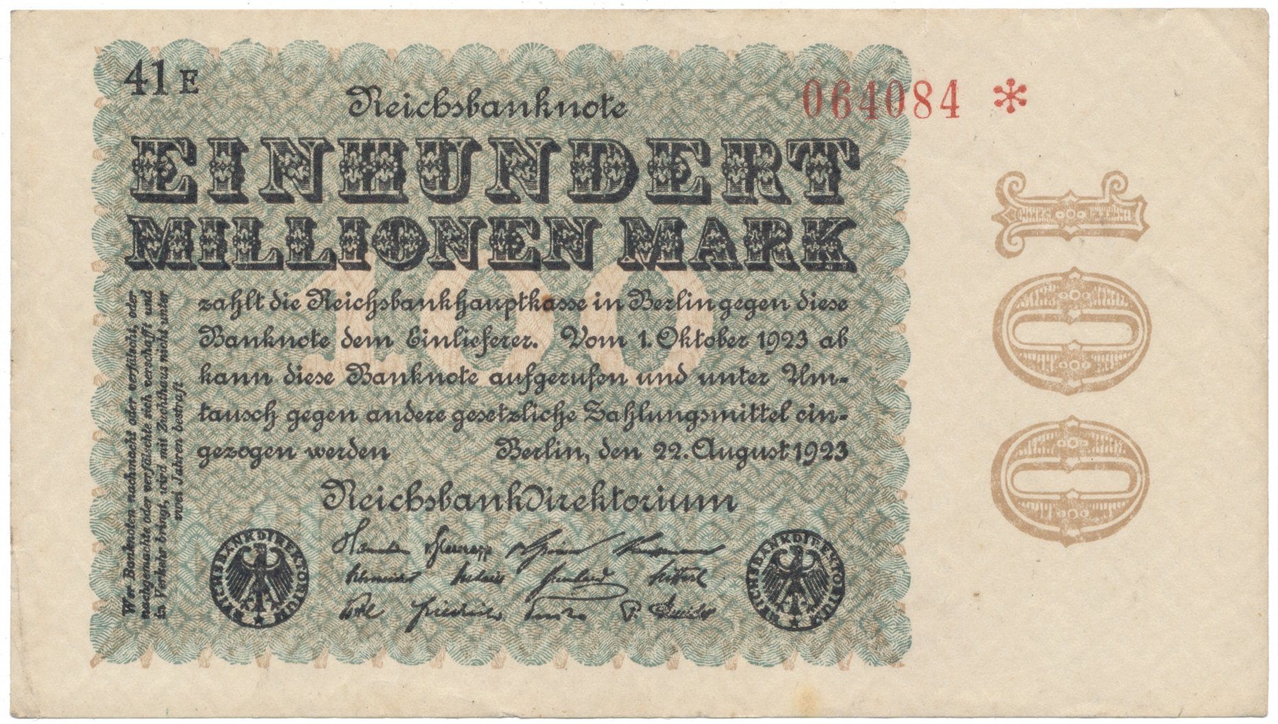 Německo, 100 Millionen Mark 1923, Kreuzblütten, Ro.106h