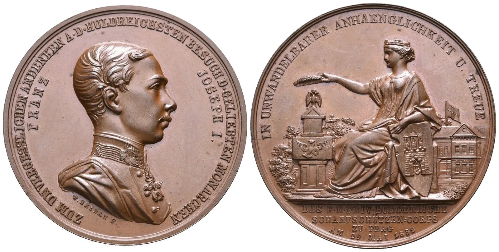 AE Medaile 1852 - K návštěvě císaře FJI. v Praze. Poprsí zprava, opis / — 1