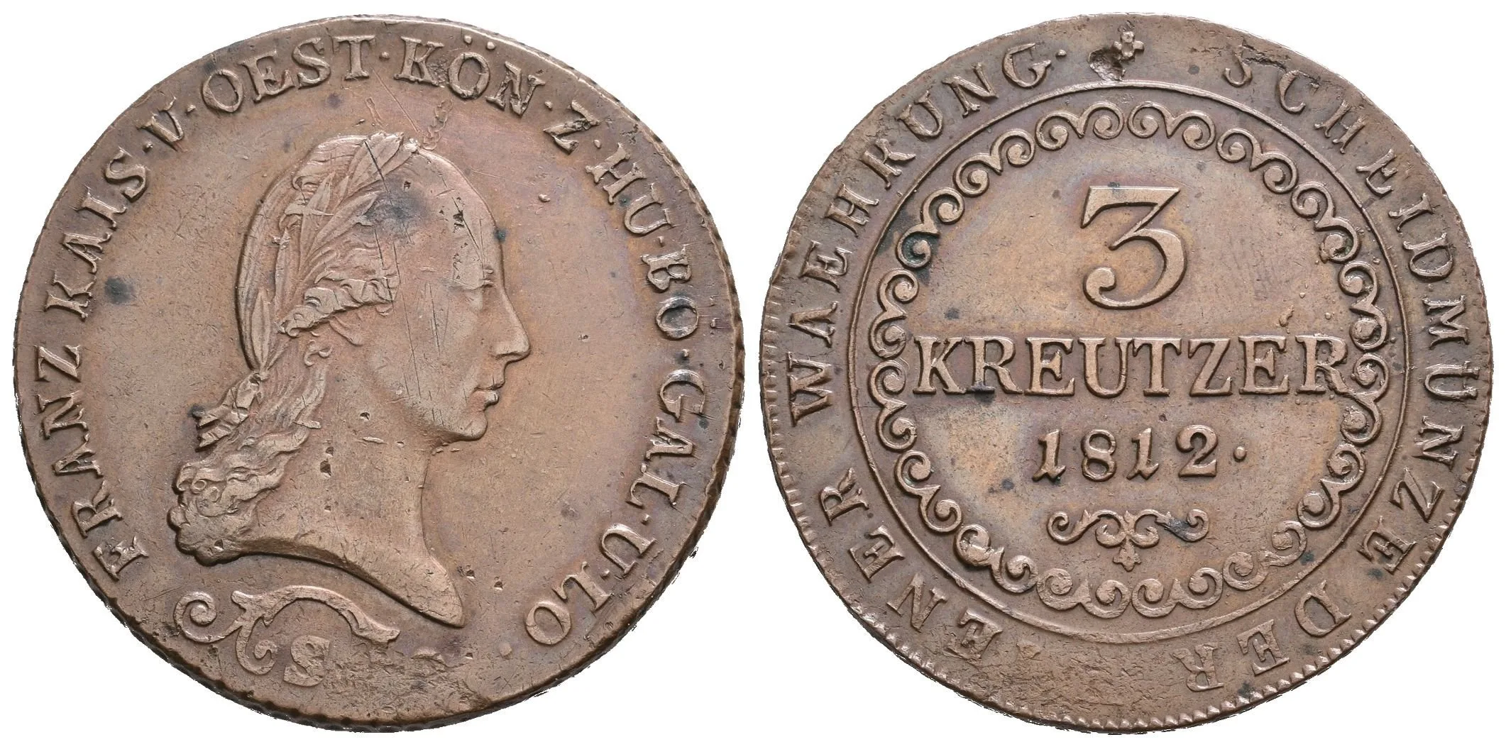 3 Krejcar 1812 S, Husz.2044, pěkná zachovalost, patina, rysky — 1