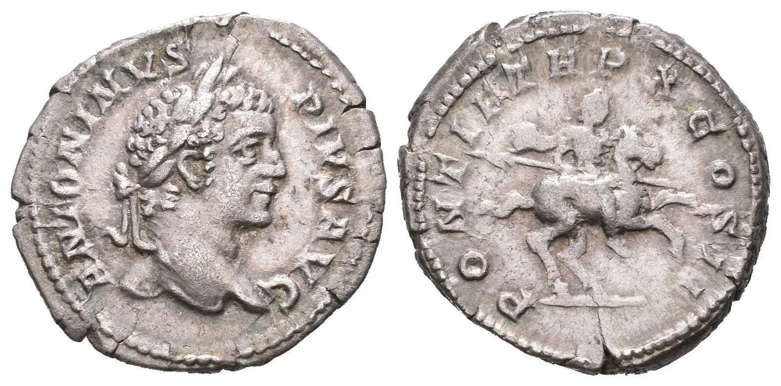 Denár, 207, Rv: PONTIF TR P X COS II, Caracalla na koni zprava drží kopí, — 1