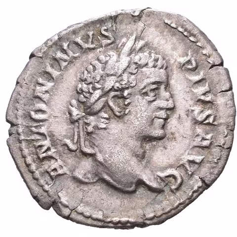 Denár, 207, Rv: PONTIF TR P X COS II, Caracalla na koni zprava drží kopí,