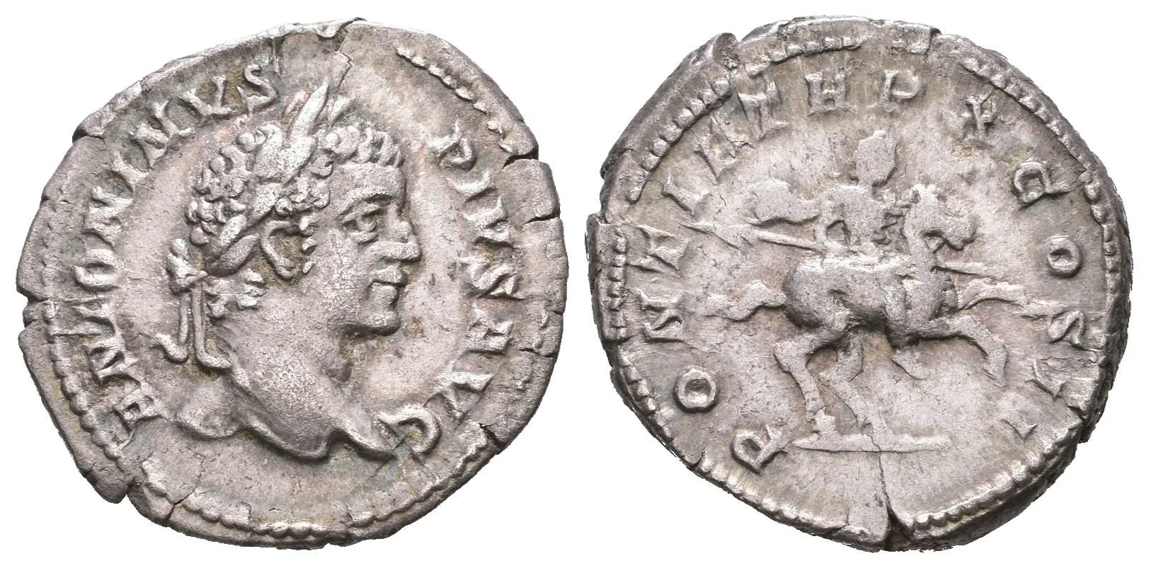 Denár, 207, Rv: PONTIF TR P X COS II, Caracalla na koni zprava drží kopí, — 1