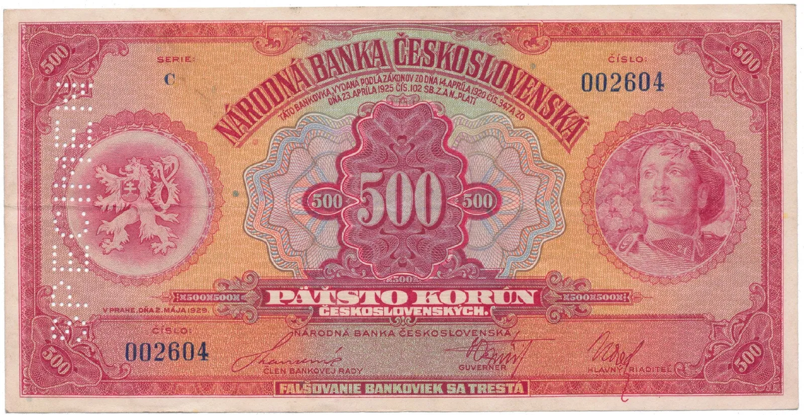 500 Koruna 1929, série C, SPECIMEN svisle, Hej.23c.S2