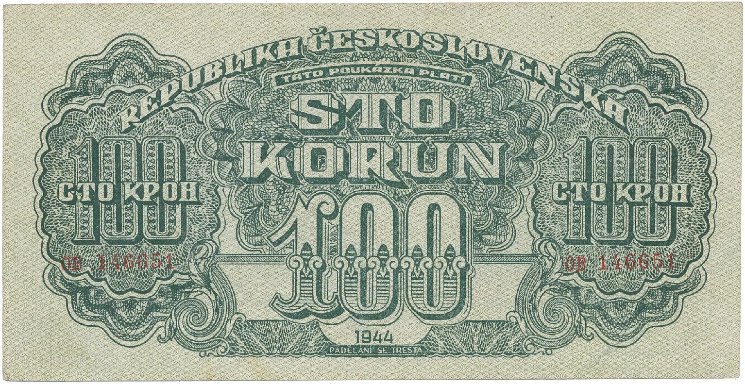 Československo, 100 Koruna 1944, číslovač 19 mm, chybotisk "TÁTO", Hej.59aCH1