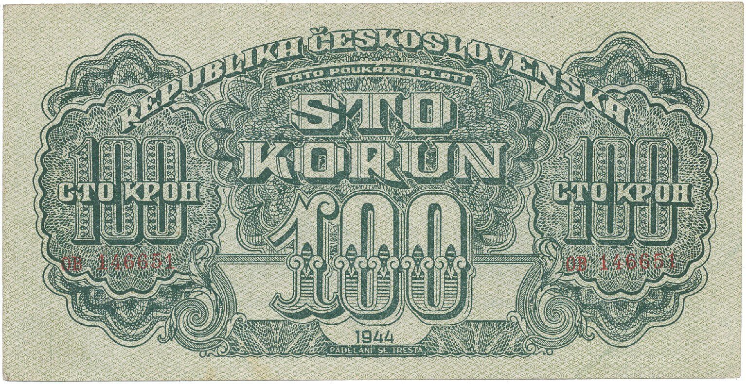 Československo, 100 Koruna 1944, číslovač 19 mm, chybotisk "TÁTO", Hej.59aCH1