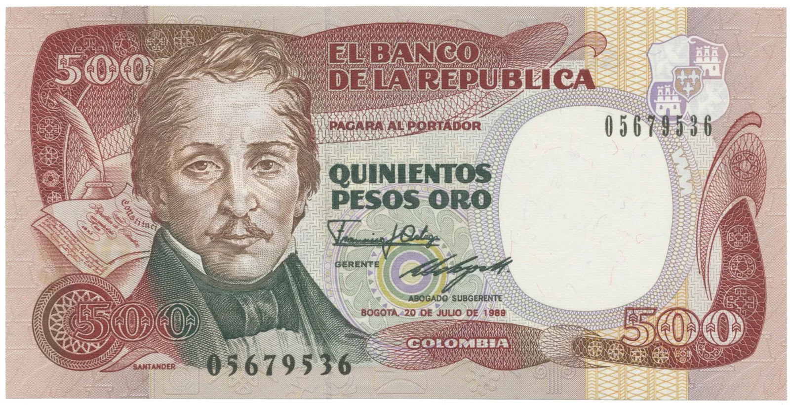 Kolumbie, 500 Pesos Oro 1986-1990, P.431