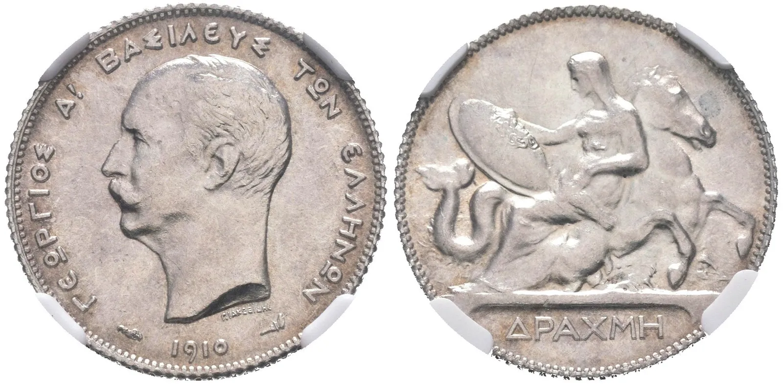 1 Drachma 1910, KM.60, certifikace NGC, hodnocení MS 62, luxusní zachovalost — 1