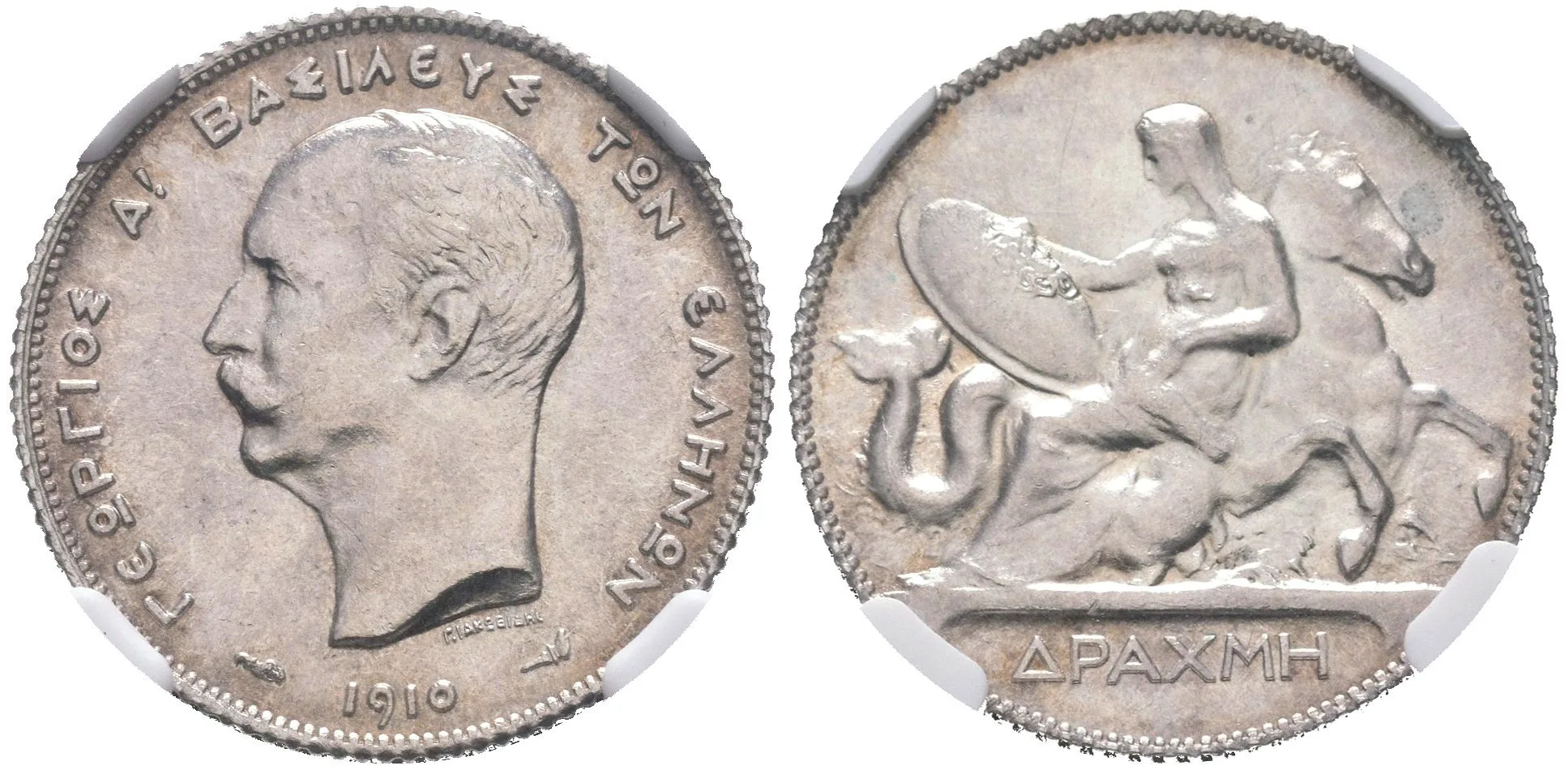 1 Drachma 1910, KM.60, certifikace NGC, hodnocení MS 62, luxusní zachovalost — 1